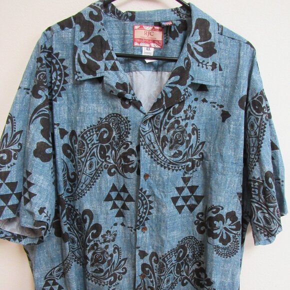RJC Blue/Black Short-Sleeve Button-Up Hawaiian Shirt 4XL Made in USA - Picture 1 of 3
